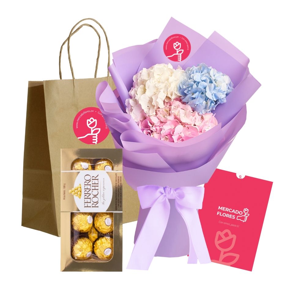 Ramo de hortensias- colores variados y Chocolate Ferrero Rocher