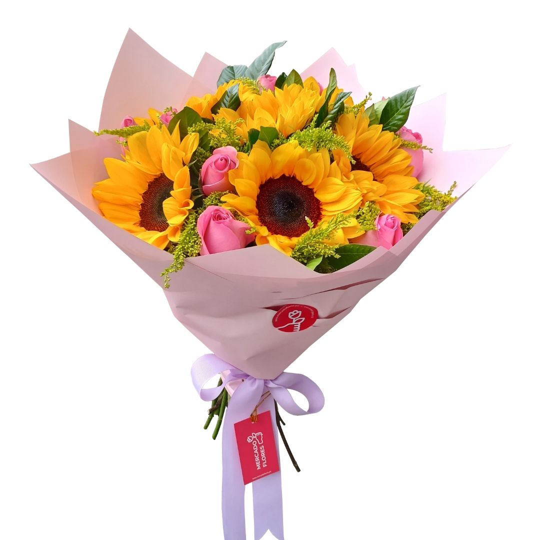 Ramo de girasoles, rosas y verdes selectos