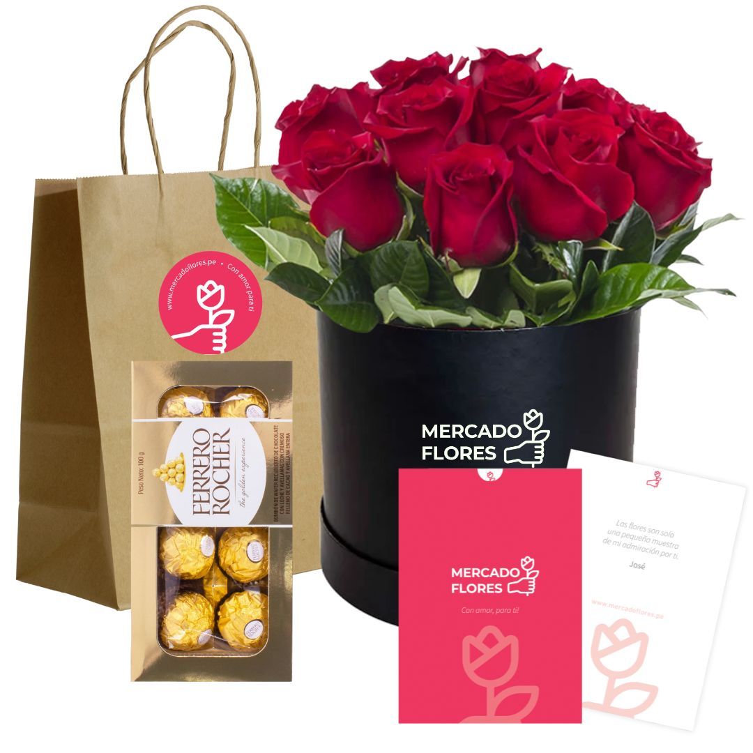 Sombrerera con 10 rosas rojas, verdes selectos y chocolate Ferrero Rocher