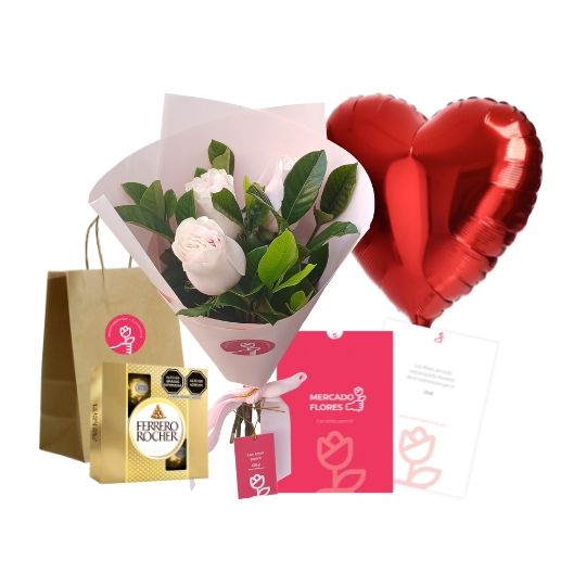 Regalos para cumpleaños. Combo cumpleañero - Ramo de rosas, chocolate Ferrero Rocher, Globo y Dedicatoria