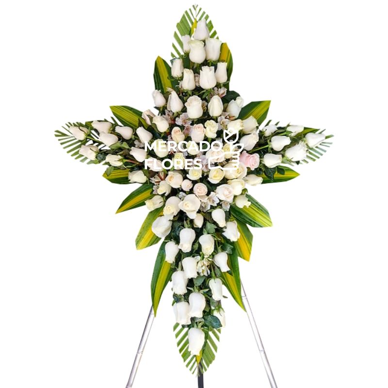 Cruz Fúnebre 01 con 70 rosas blancas.