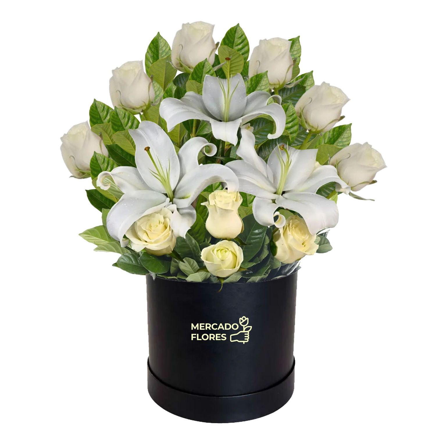 Pésame - Arreglo floral de condolencias con rosas y lirios, acompañadas de verdes selectos.