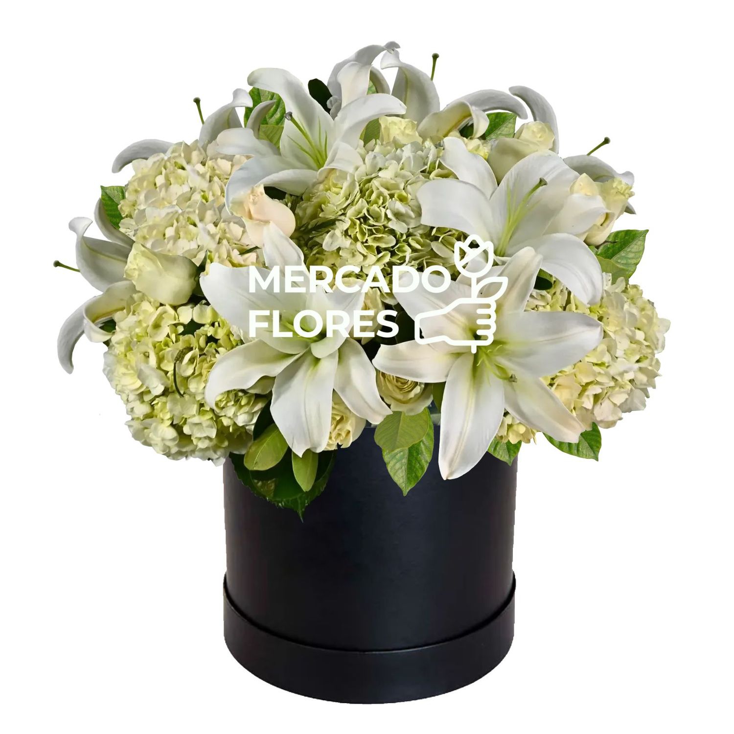 Arreglo Fúnebre 07- Elegante sombrerera negra con flores blancas
