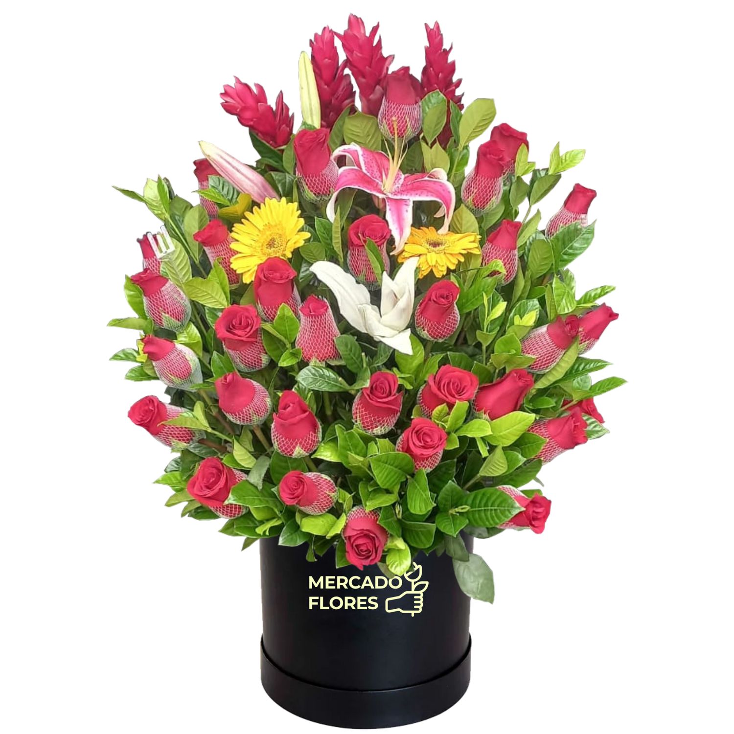 Sombrerera grande con 30 rosas y flores variadas