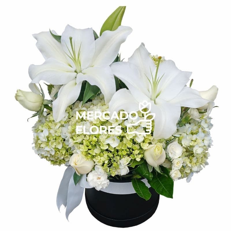 Arreglo Fúnebre 06- Elegante sombrerera negra con flores blancas