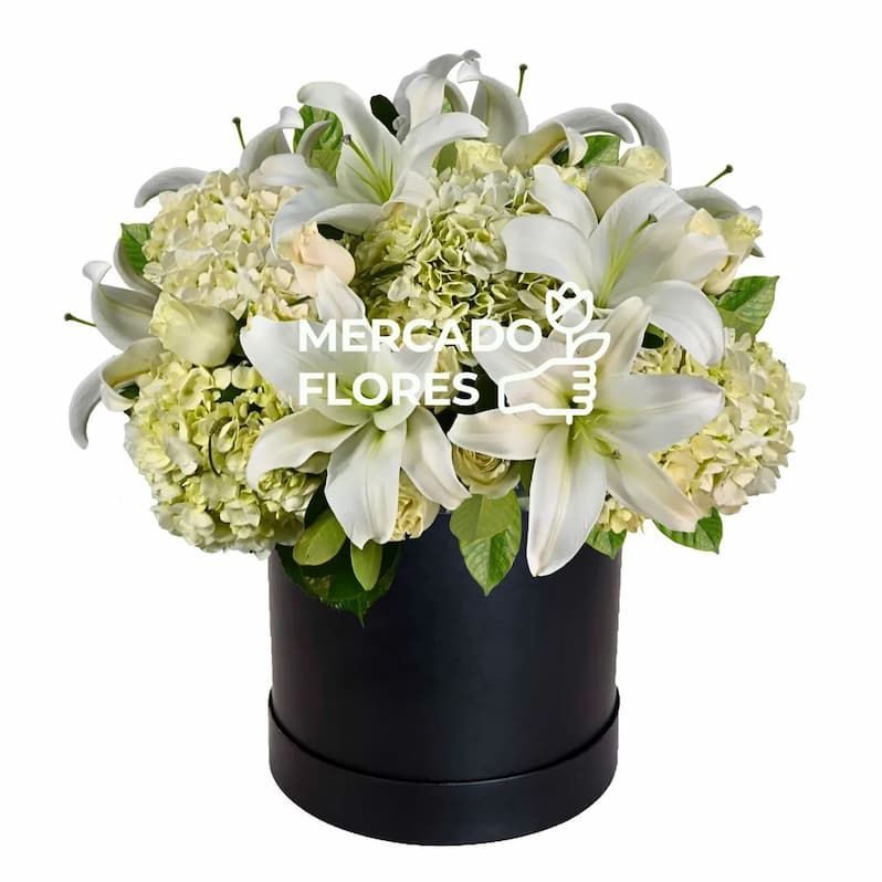 Arreglo Fúnebre 07- Elegante sombrerera negra con flores blancas