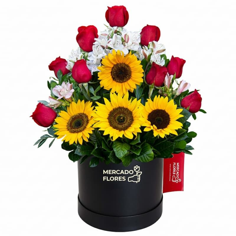 Sombrerera con rosas y girasoles