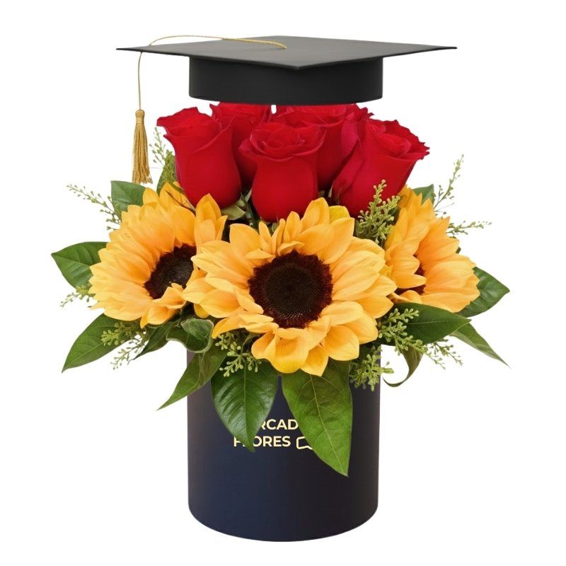Arreglo para graduación - Box Éxito con Rosas y Girasoles.