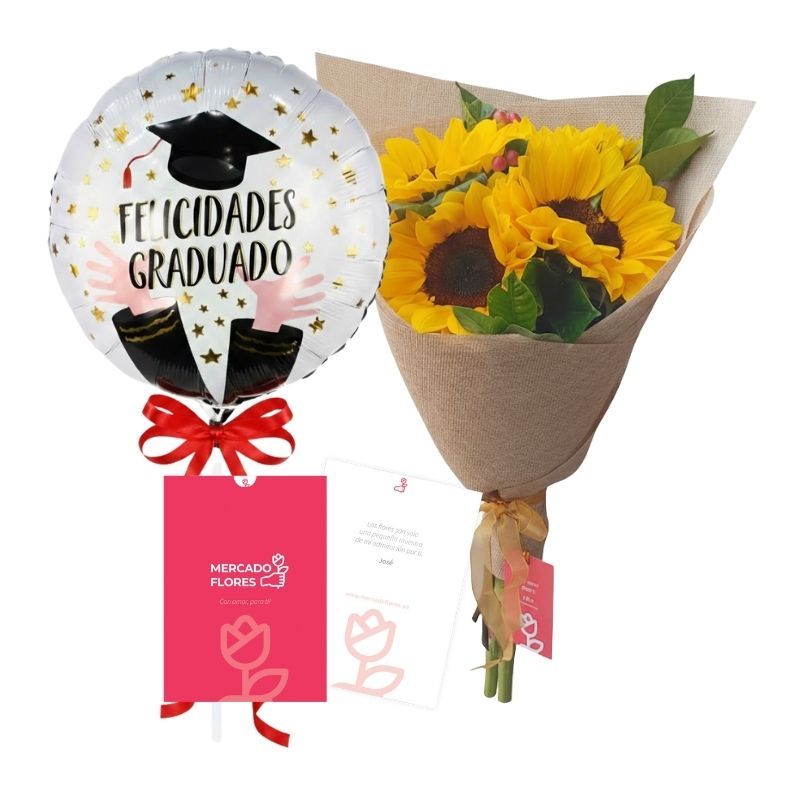 Ramo de Graduación - Girasoles y Globo ¡Felicidades Graduado! 🎓