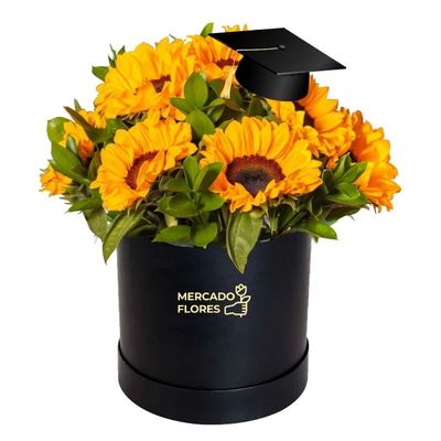 Arreglo de graduación en box de lujo con girasoles premium y mini birrete - MERCADO FLORES®