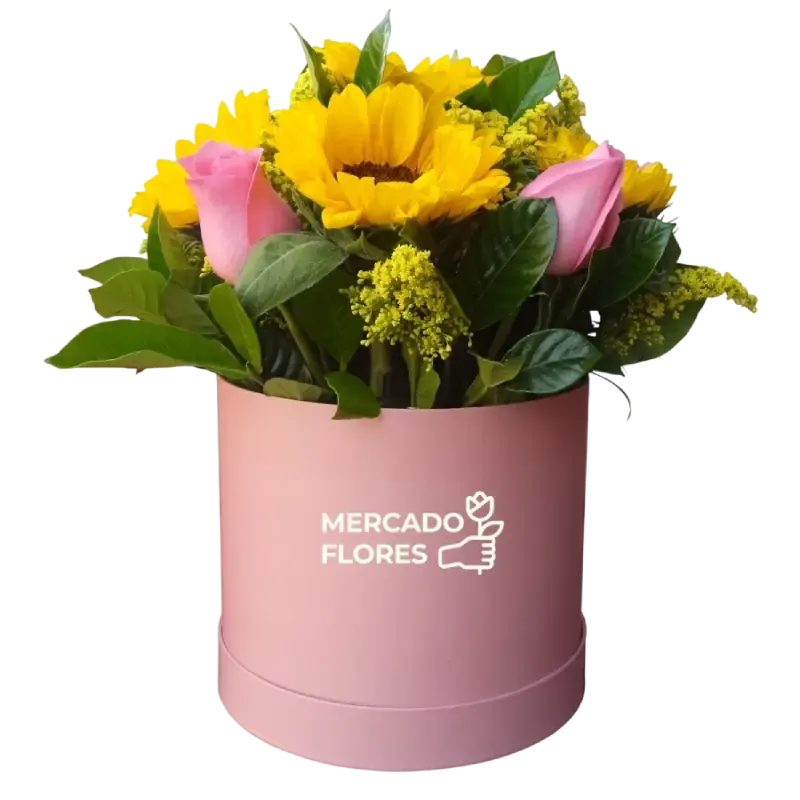 Sombrerera de girasoles y rosas rosadas para regalo de cumpleaños - MERCADO FLORES®