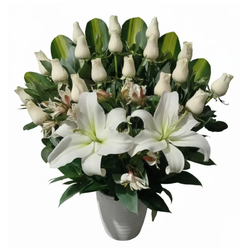 Arreglo floral fúnebre con lirios blancos y rosas blancas — MERCADO FLORES®