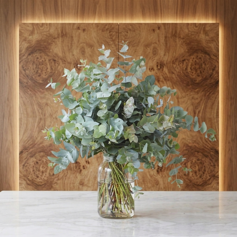 Ramas de eucalipto premium en jarrón de vidrio sobre mesa de mármol. Follaje fresco y elegante de MERCADO FLORES®.