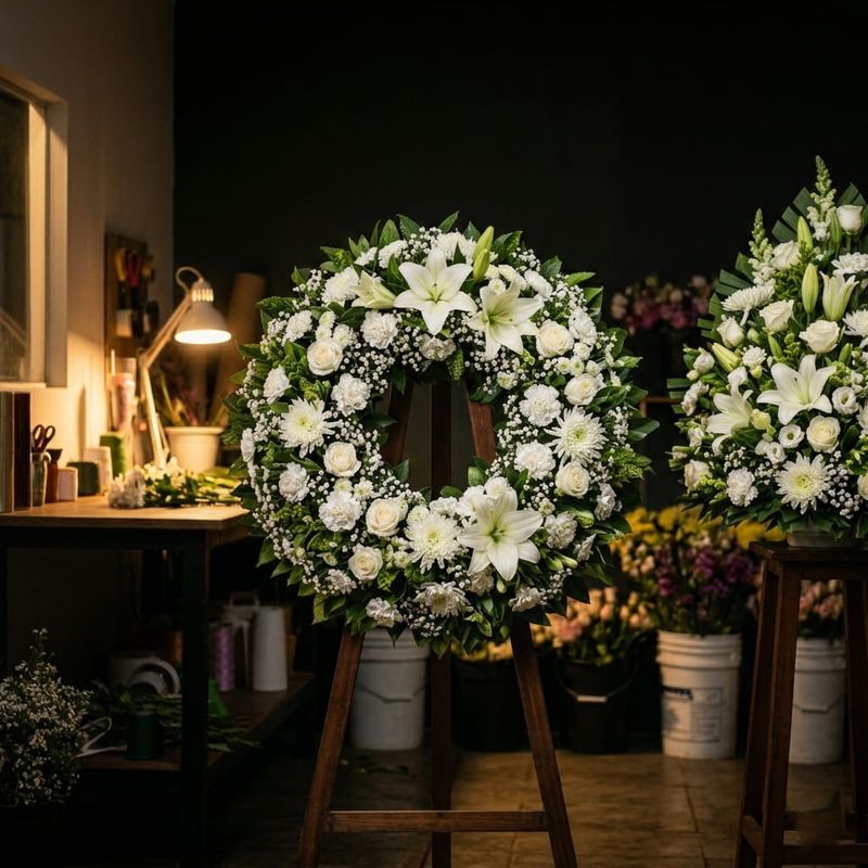 Arreglo fúnebre de flores blancas preparado de madrugada para recojo urgente en MERCADO FLORES®.