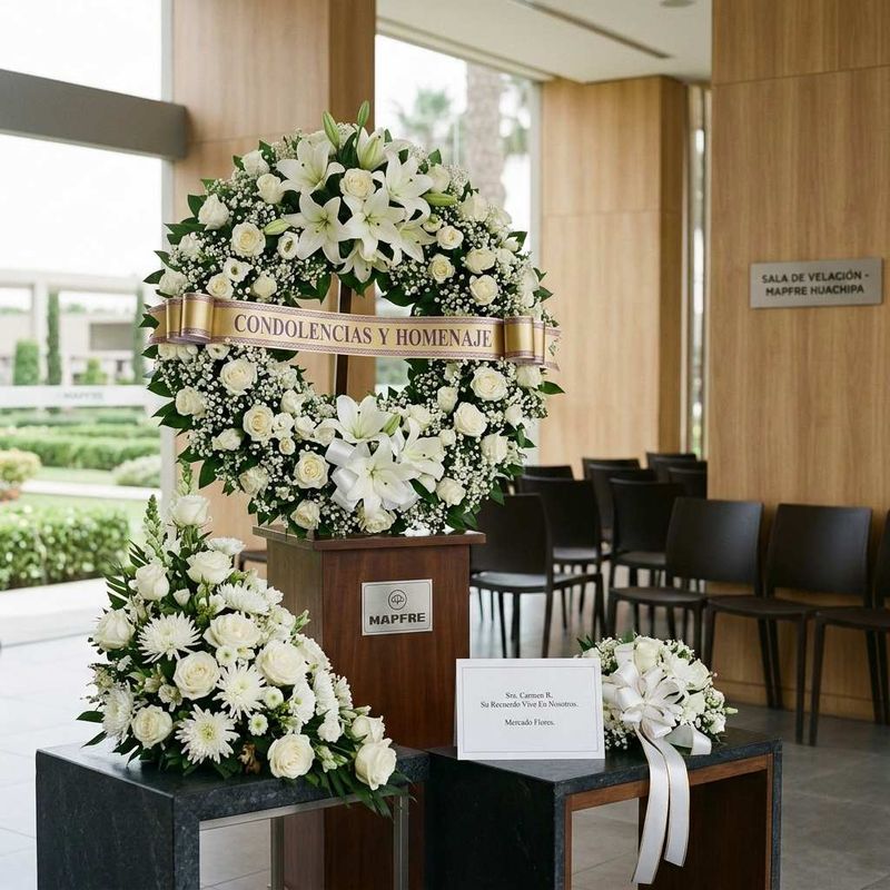 Corona fúnebre de liliums blancos colocada profesionalmente en sala de velación MAPFRE Huachipa - MERCADO FLORES®