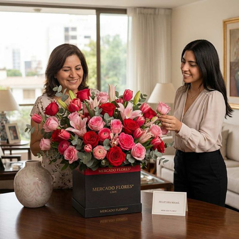 Arreglo floral premium de rosas y tulipanes para el Día de la Madre en Lima por MERCADO FLORES.