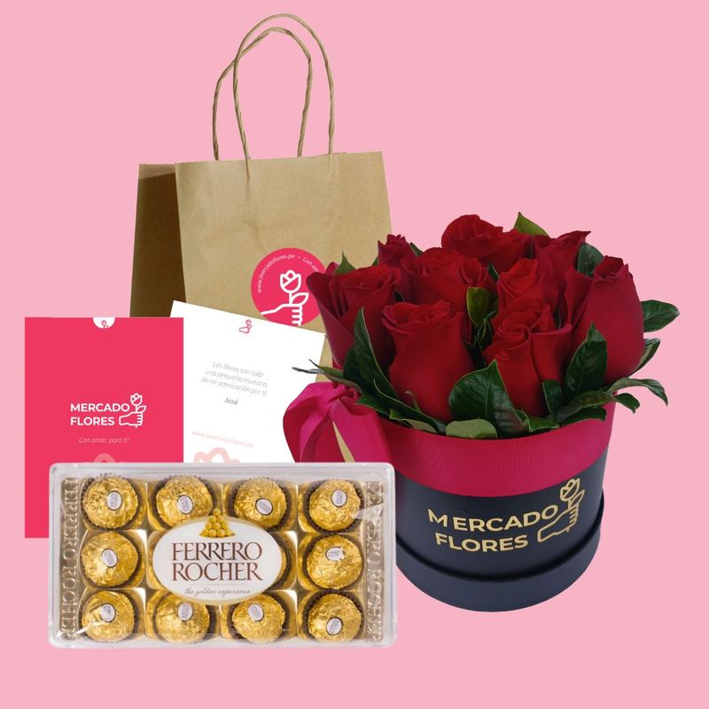 Arreglo de rosas rojas 100% frescas con chocolates Ferrero Rocher para regalo de amor en Lima - MERCADO FLORES®