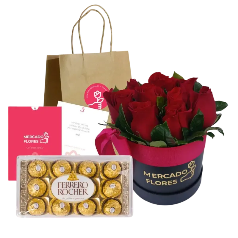 Arreglo de rosas rojas 100% frescas con chocolates Ferrero Rocher para regalo de amor en Lima - MERCADO FLORES®