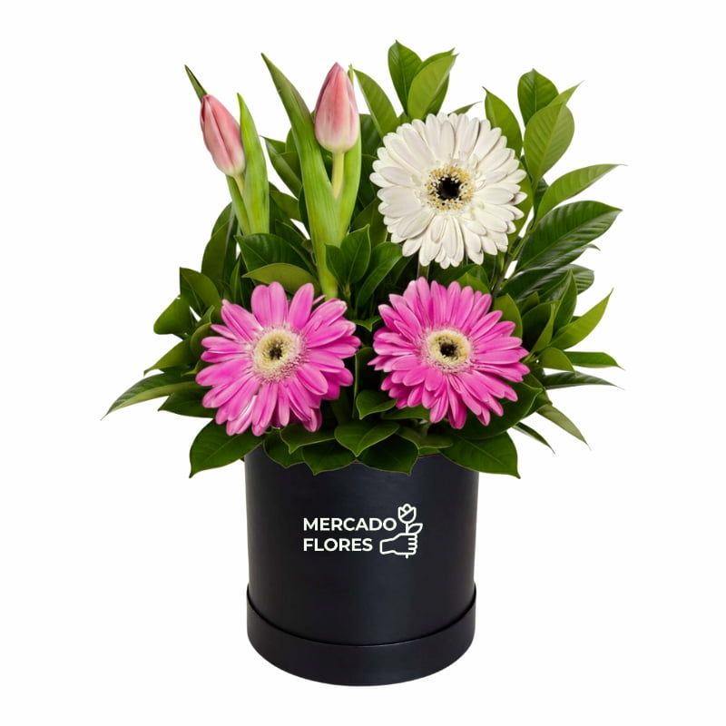 Sombrerera con tulipanes y gerberas