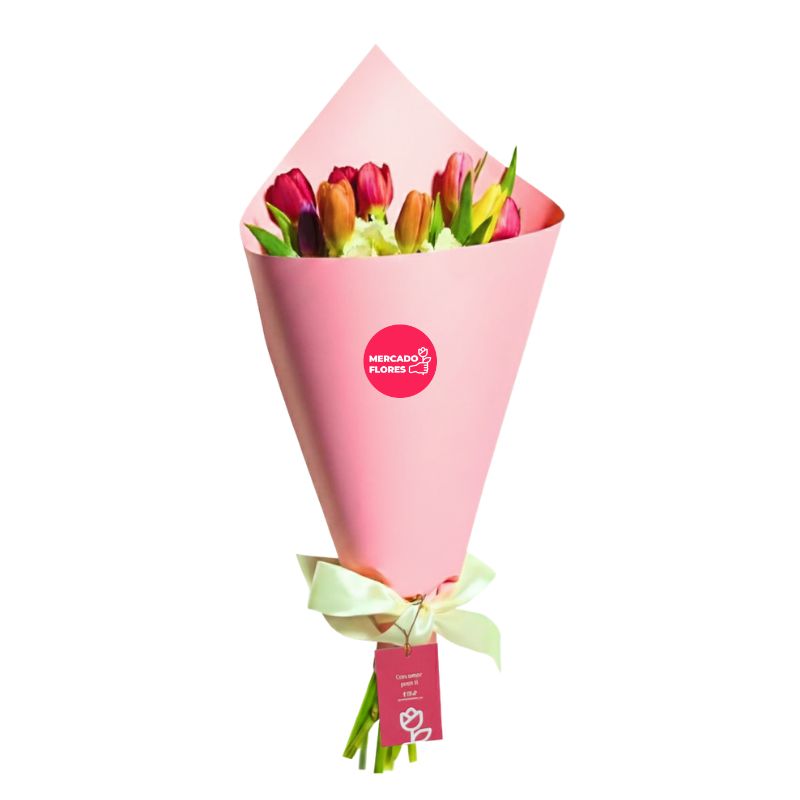Distinción Sublime bouquet: 10 premium tulips and white hydrangea in elegant pink wrapping - MERCADO FLORES®