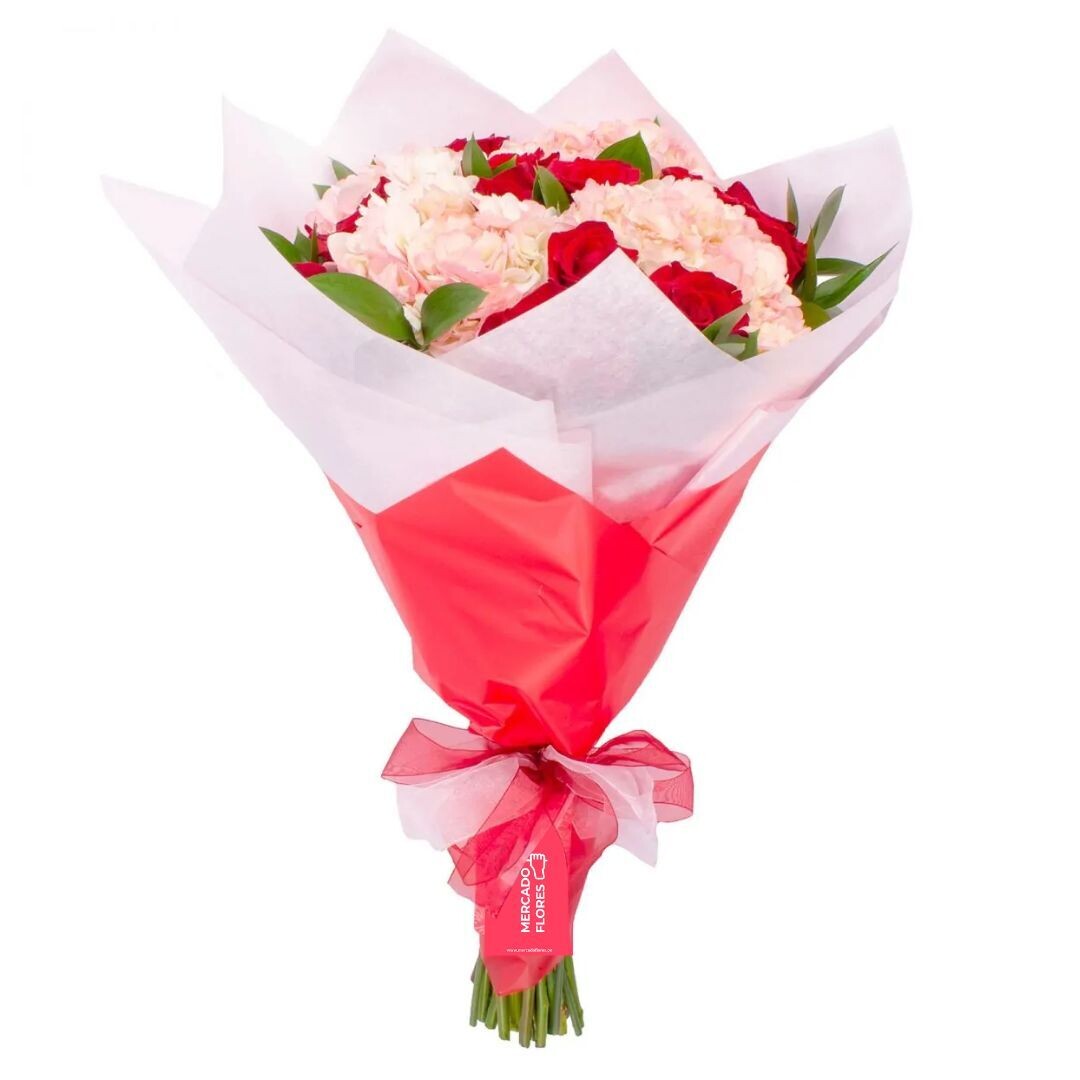 Ramo de Hortensias  y rosas rojas de tallo largo