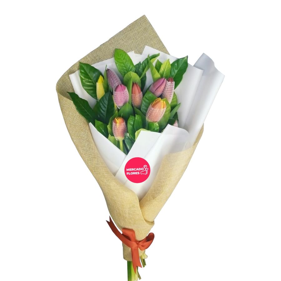 10 tulips with premium gardenias in white wrap and beige mesh with matte red ribbon - MERCADO FLORES®