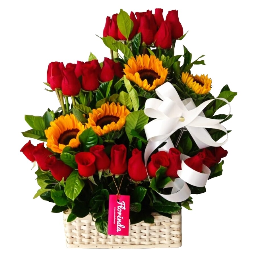 Super Cesto de mimbre con rosas y girasoles