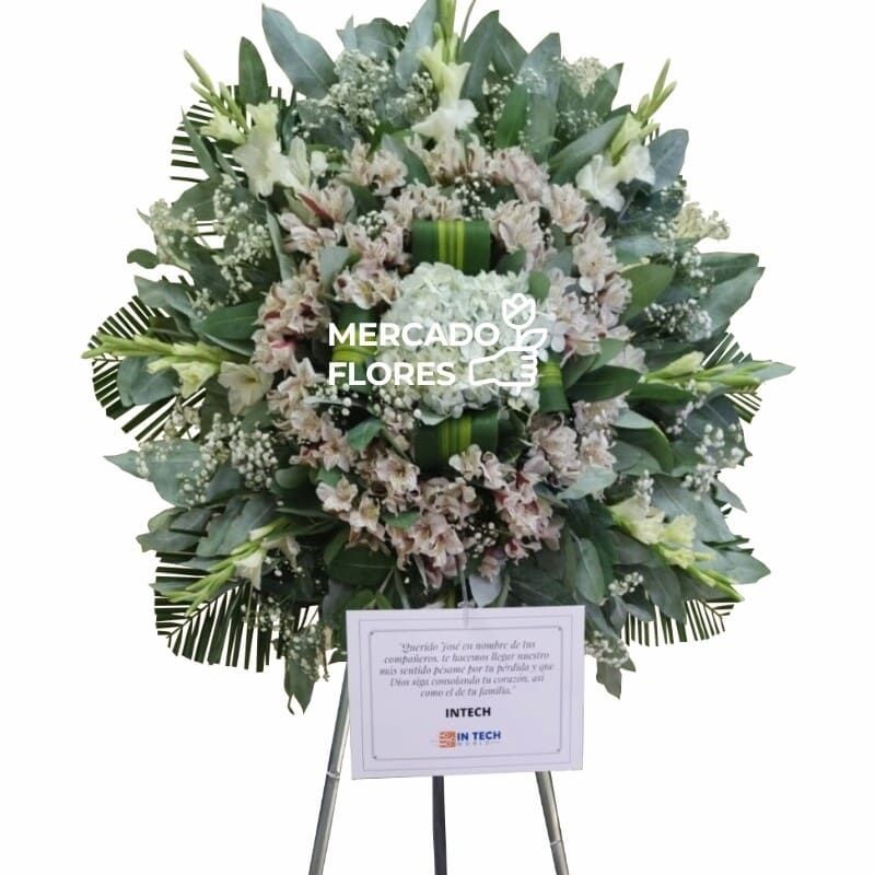 Corona fúnebre Homenaje a una Vida de 1.90m con gladiolos y hortensias. Arreglo floral elegante de MERCADO FLORES® Lima.