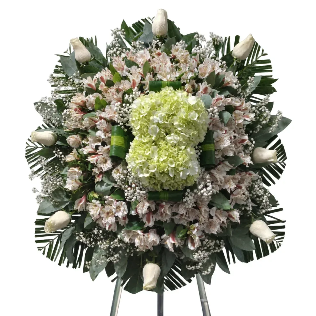 Corona fúnebre Homenaje a una Vida de 1.90m con gladiolos y hortensias. Arreglo floral elegante de MERCADO FLORES® Lima.