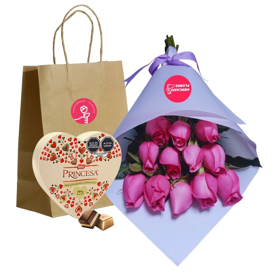 RAMO PREMIUM DE 12 ROSAS  ROSADAS Y CHOCOLATE PRINCESA