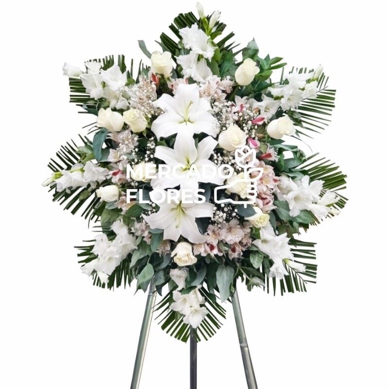 Corona fúnebre grande de 1.90m con lirios blancos y rosas premium en trípode para velatorios en Lima - MERCADO FLORES®