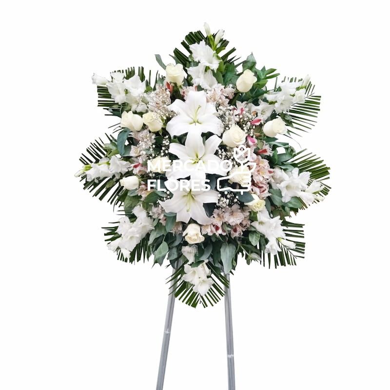 Corona fúnebre grande de 1.90m con lirios blancos y rosas premium en trípode para velatorios en Lima - MERCADO FLORES®