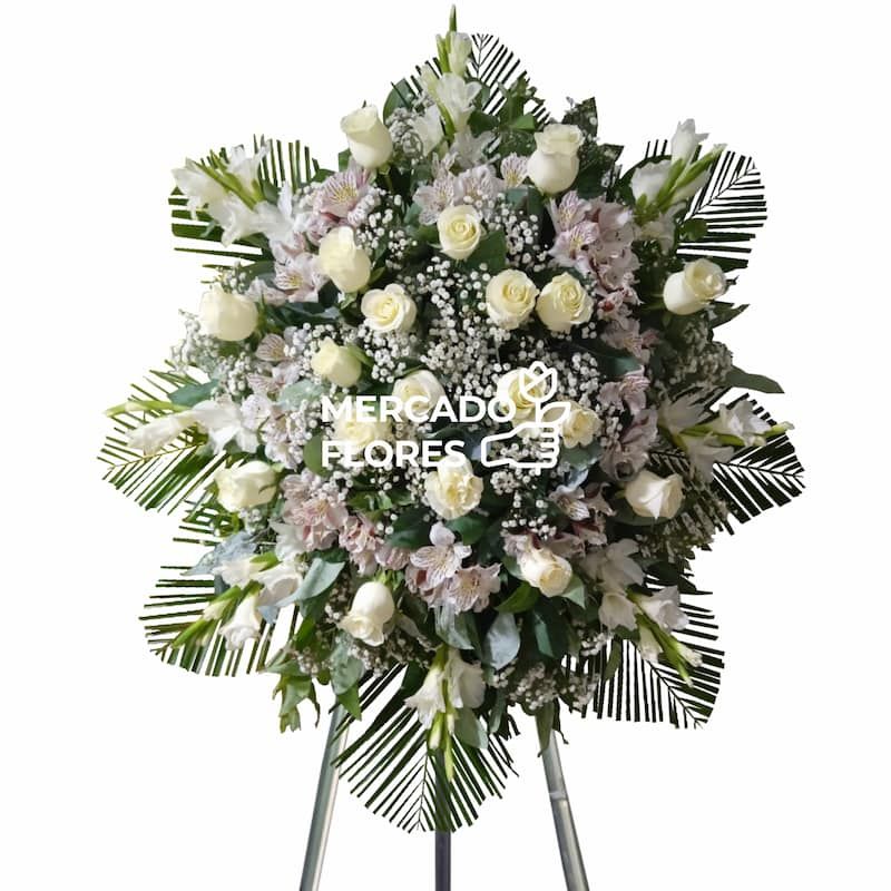 Corona fúnebre blanca Luz Eterna de 1.90m con gladiolos, rosas y gypsofila — MERCADO FLORES® Lima