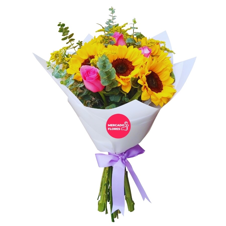 Ramo de girasoles y rosas tonos rosados