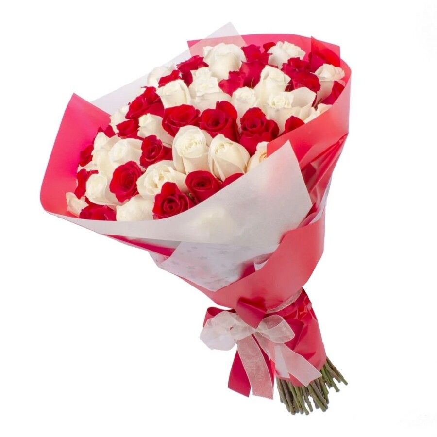 Ramo circular con 50 rosas mix de blanco y rojo