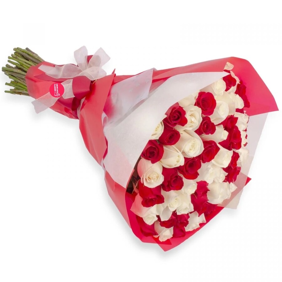 Ramo circular con 50 rosas mix de blanco y rojo