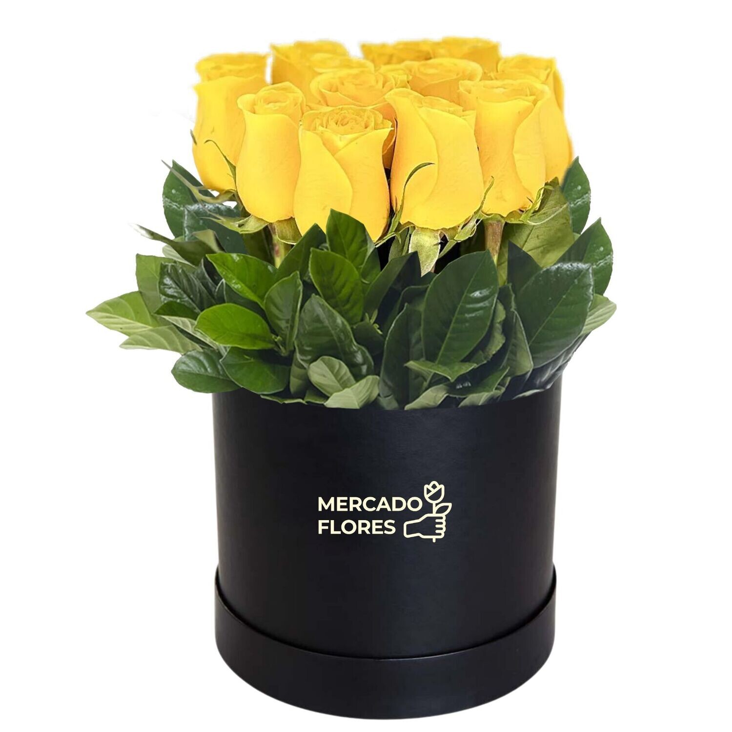 Elegante sombrerera con 12 rosas amarillas y verdes selectos