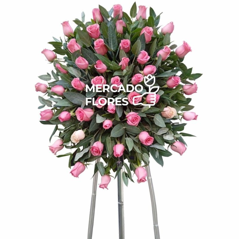 Corona fúnebre para dama modelo Recuerdo Infinito con 48 rosas rosadas y follaje verde sobre trípode - Mercado Flores®