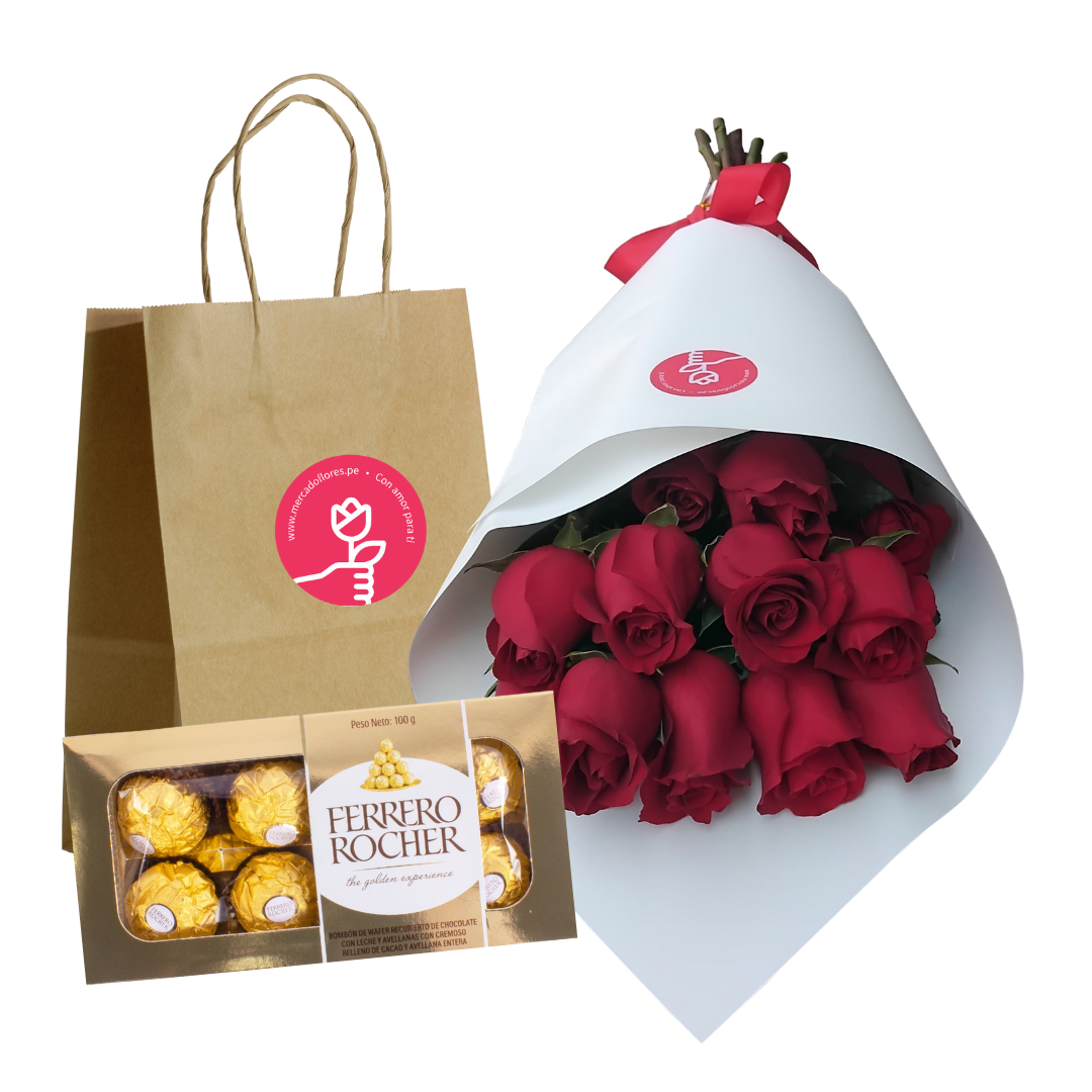 Ramo clásico con 12  rosas frescas y chocolate Ferrero