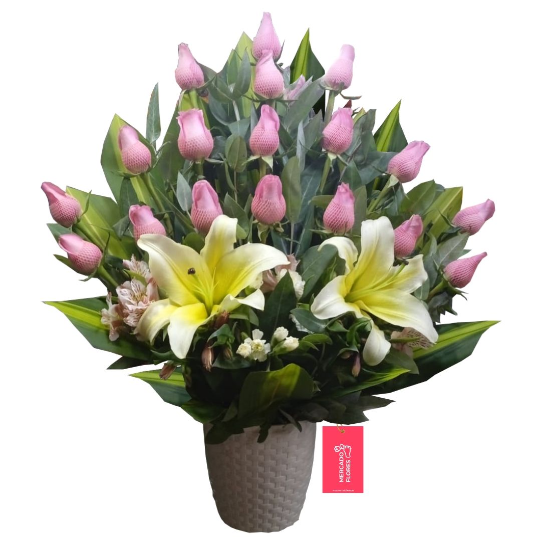 Arreglo para inauguración - Arreglo floral con rosas rosadas y lirios