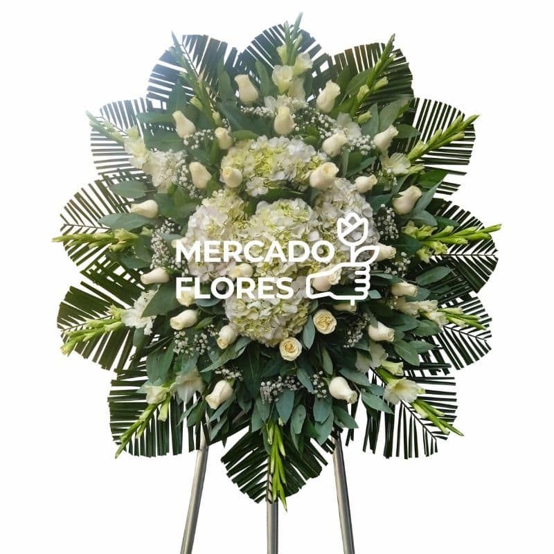 Corona fúnebre Nobleza Eterna con rosas blancas, hortensias y gladiolos de MERCADO FLORES®