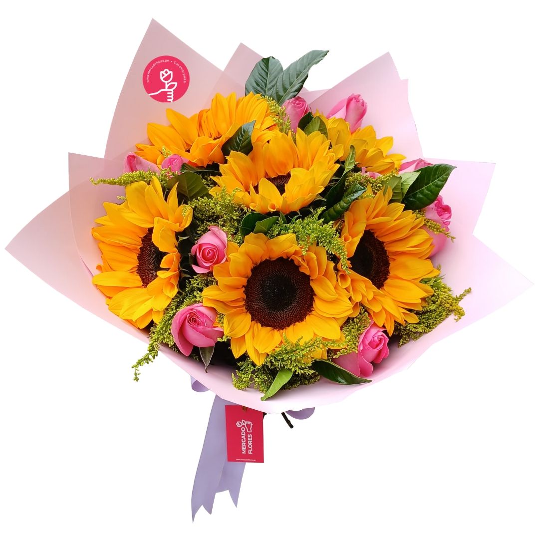 Ramo de girasoles, rosas y verdes selectos
