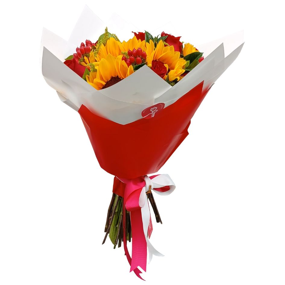 Ramo de girasoles, rosas y verdes selectos