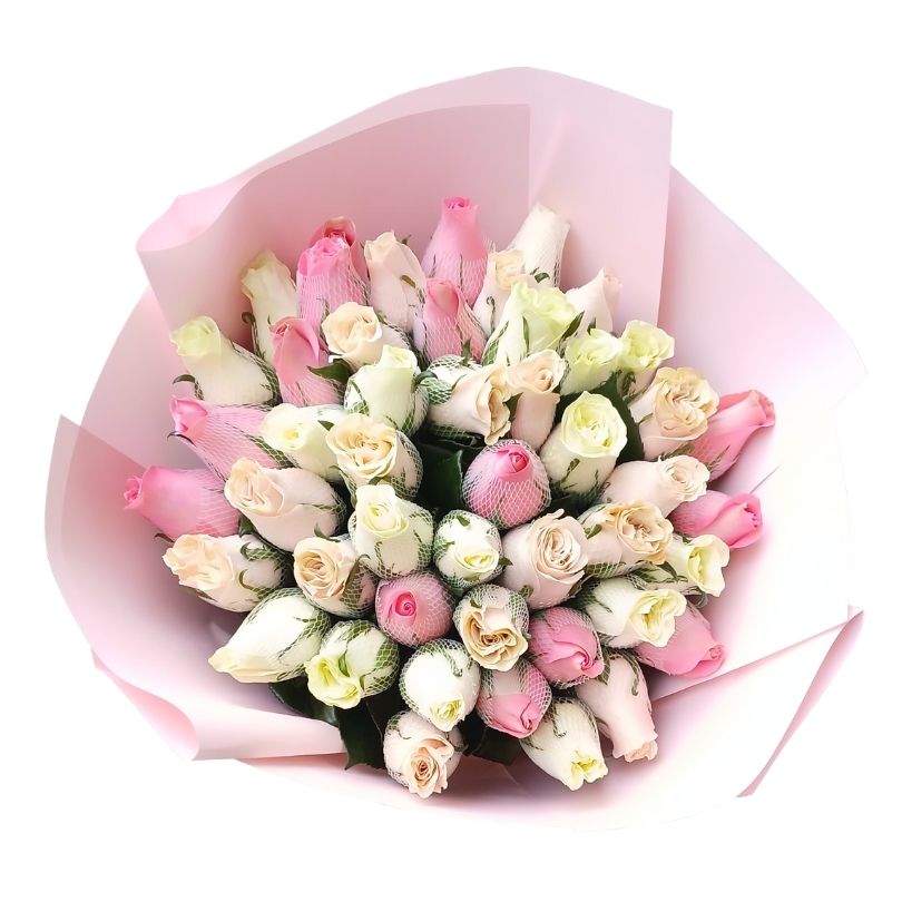 Ramo circular de 48 rosas frescas de tonos rosados, tallo largo
