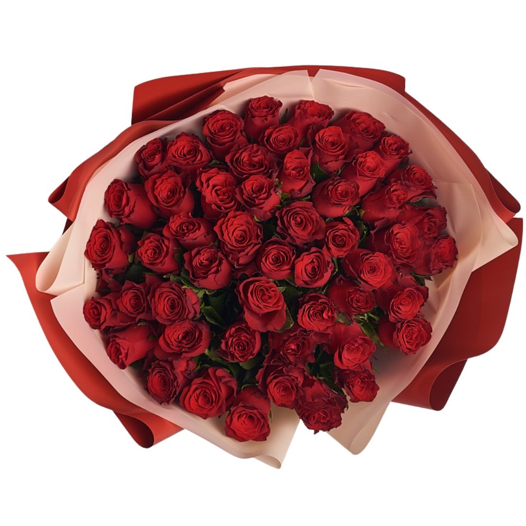 Ramo semicircular con 50 rosas frescas.