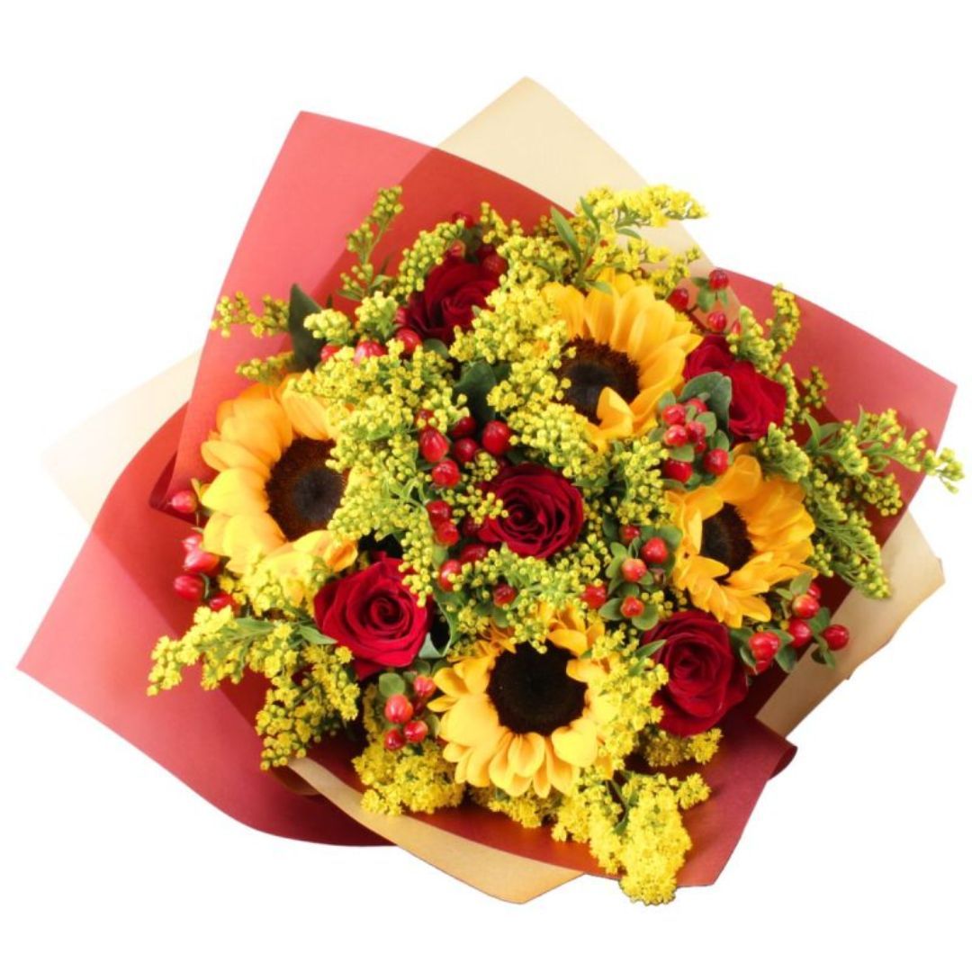 Verano en Ramo - Ramo con girasoles, rosas e hypericum