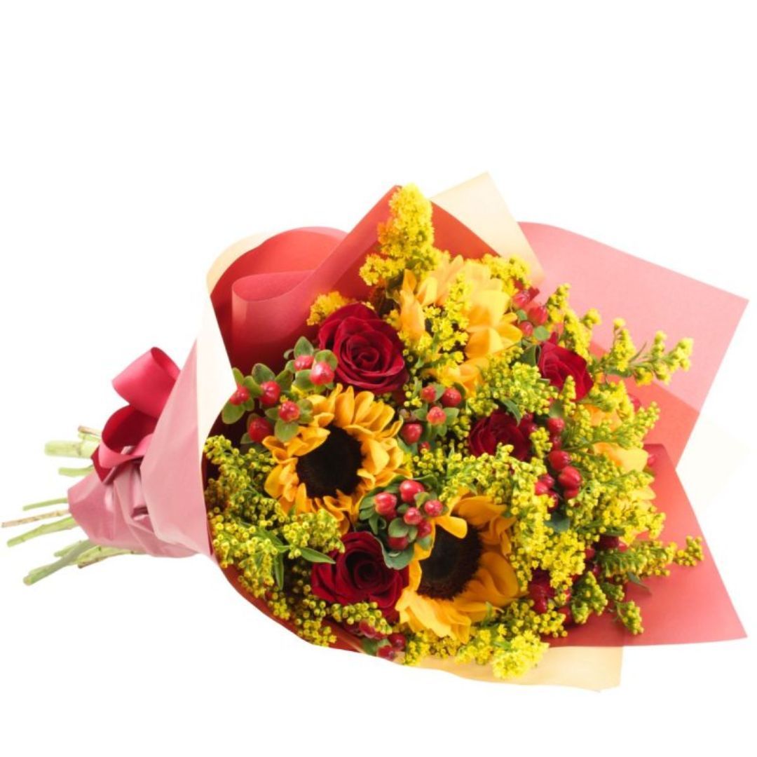 Verano en Ramo - Ramo con girasoles, rosas e hypericum