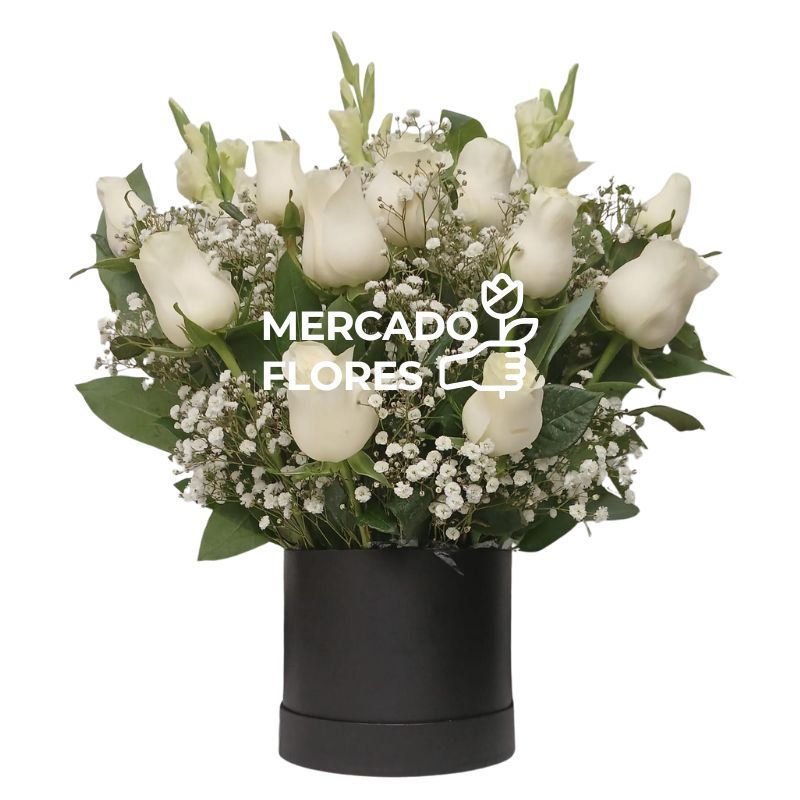 Arreglo fúnebre de rosas blancas y gladiolos en sombrerera premium para pésame - MERCADO FLORES®