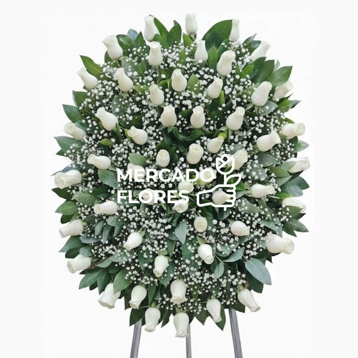 Corona fúnebre Luz Eterna: 50 rosas blancas, gypsofila y follaje selecto en trípode. Arreglo elegante de respeto en Lima.