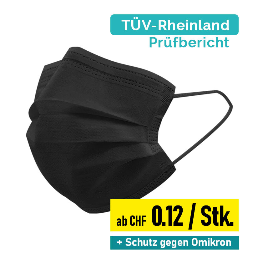Medizinische Masken Schwarz Typ IIR | 50er Packung - Mundschutz kaufen |  Hygieneschutzmasken | Schweiz